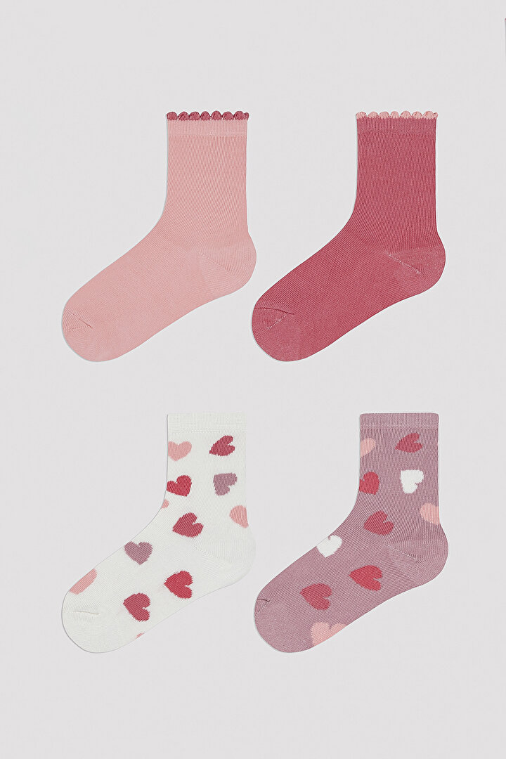 Kız Çocuk Pembe Kalpler 4 lü Soket Çorap - 1