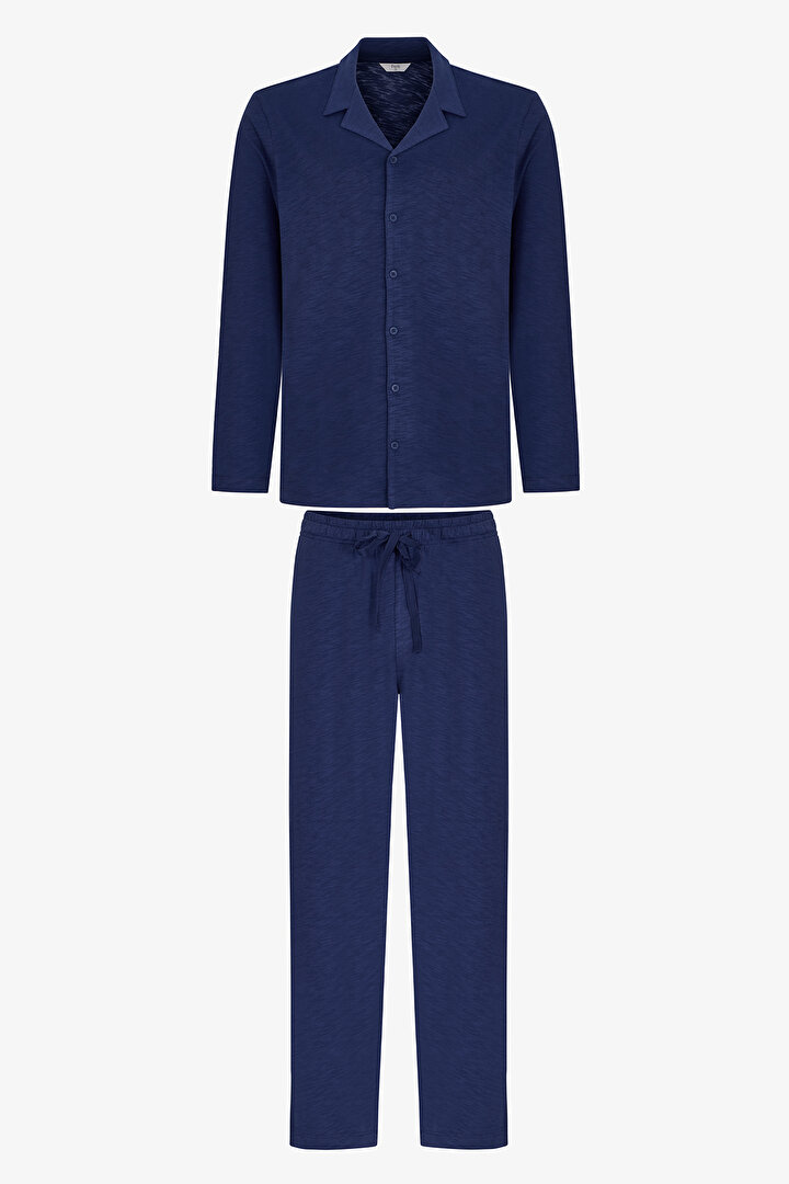 Erkek Lacivert Navy Season Uzun Kollu Gömlek Pantolon Pijama Takımı - 1