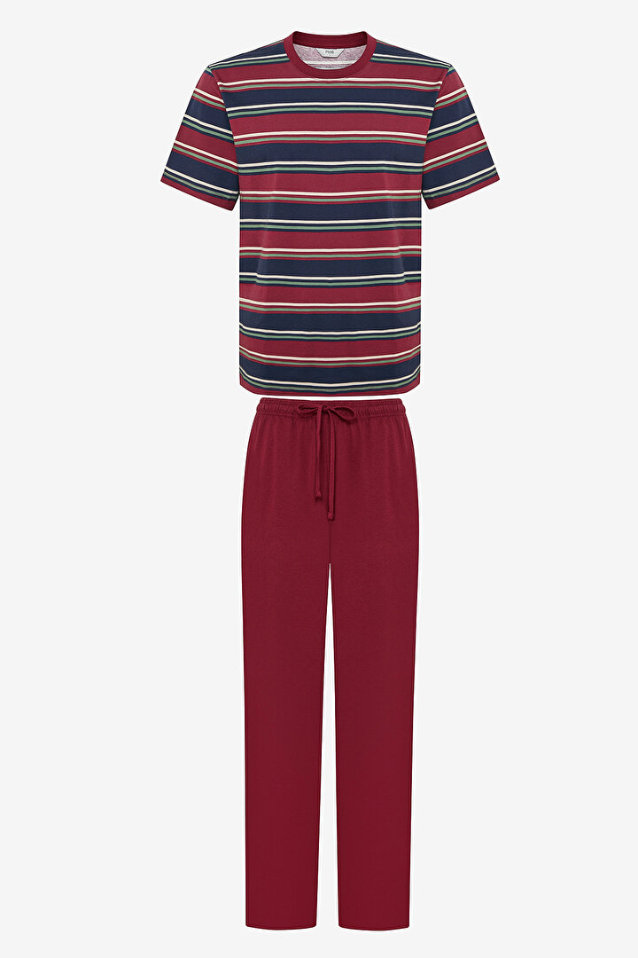 Burgundy Stripe Çok Renkli Pantolon Pijama Takımı - 1