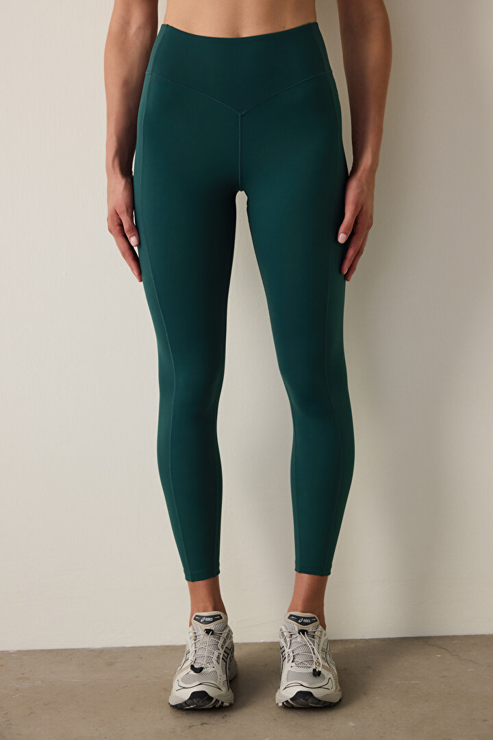 Koyu Yeşil Merrow Dikişli Yüksek Bel Slim Fit Tayt - 2