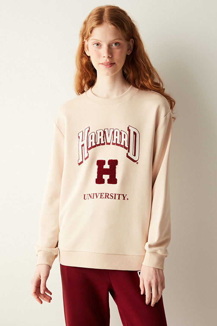 Taş Rengi Harvard Slogan Baskılı  Sweatshirt - 1