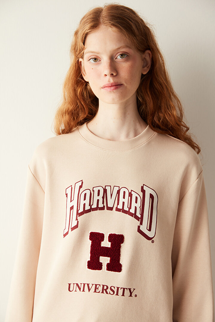Taş Rengi Harvard Slogan Baskılı  Sweatshirt - 2