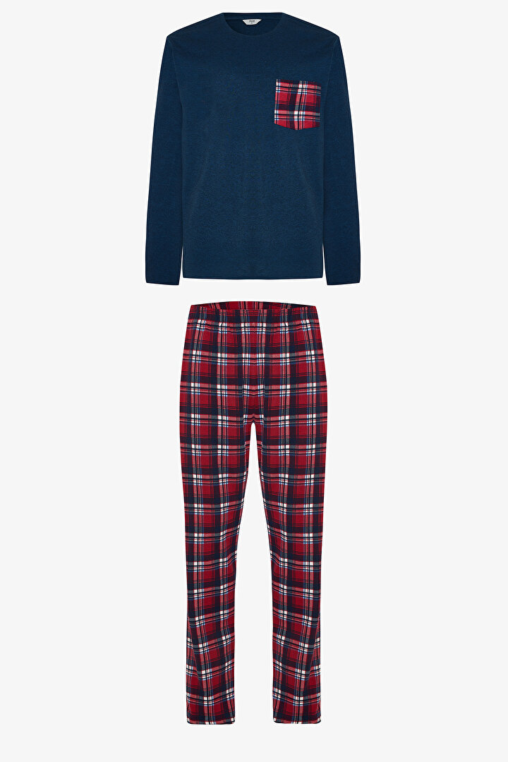 Ekoseli Erkek Bisiklet Yaka Cepli Pijama Takımı - 1