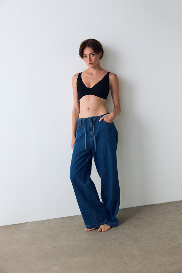 Koyu Denim Relax Yüksek Bel Bağlama Detaylı Pantolon - 2