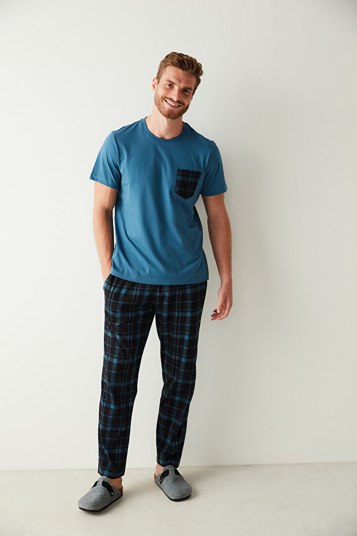 Mavi Erkek Ekose Detaylı Pijama Takımı - 2