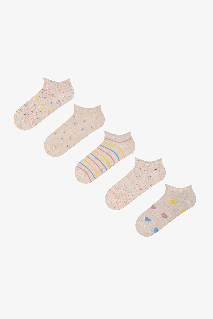5 Çift Pamuklu Renkli Pauntiye Desenli Patik Çorap - 1
