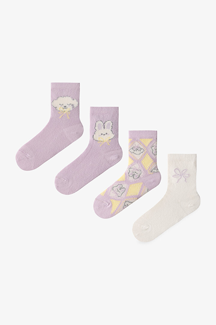 Lila Kız Çocuk Cute Dog 4'lü Soket Çorap - 1