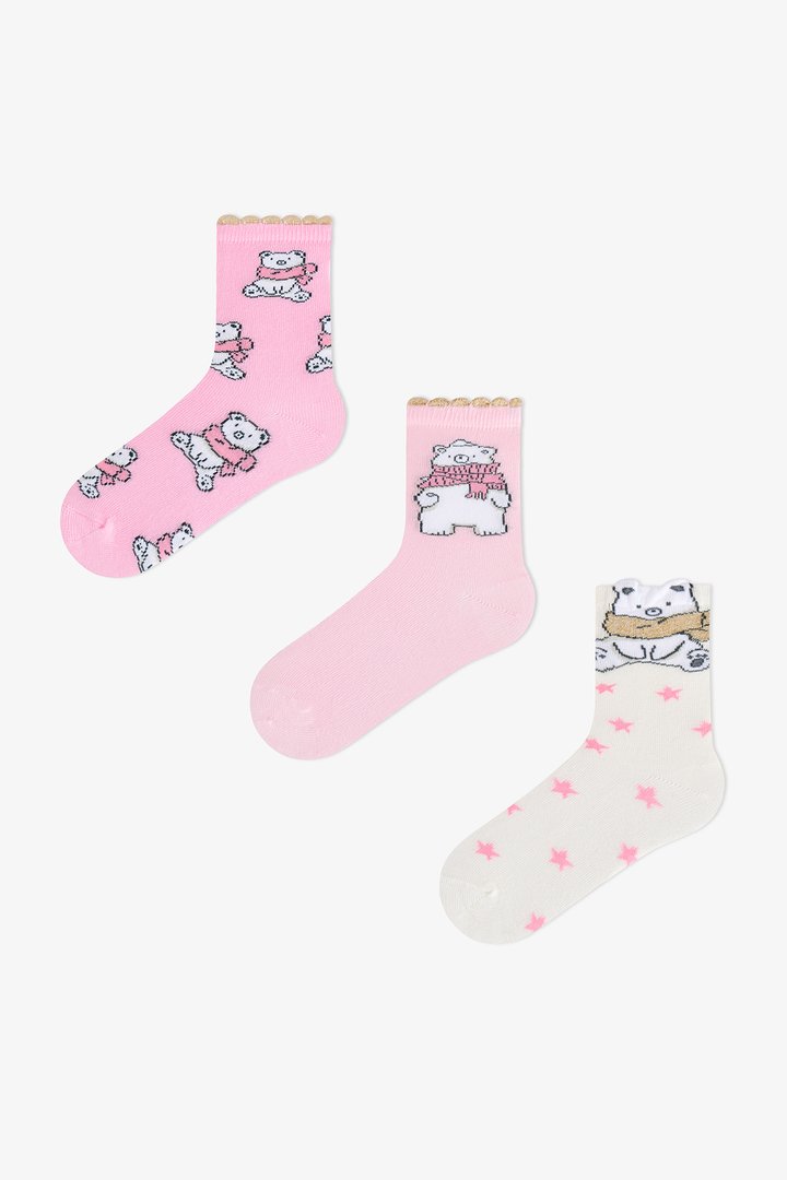 Kız Çocuk Pembe Snowy Bears Ayı Desenli Pamuklu 3 Çift Soket Çorap - 1