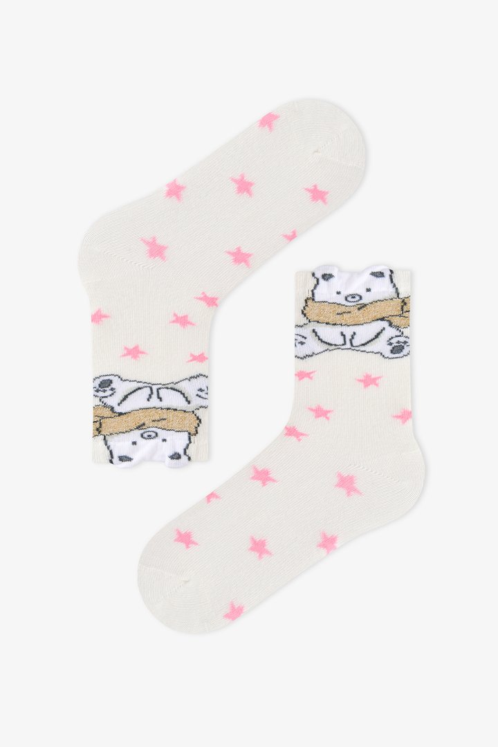 Kız Çocuk Pembe Snowy Bears Ayı Desenli Pamuklu 3 Çift Soket Çorap - 2