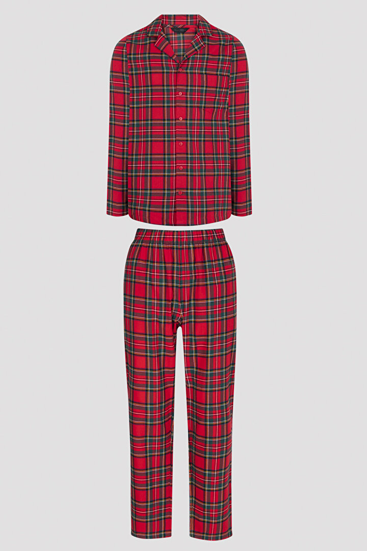 Kırmızı Erkek Kareli Gömlek Pantolon Pijama Takımı - 1