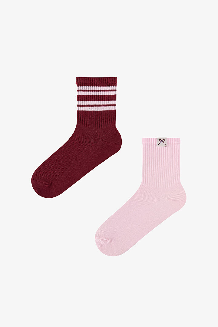 Pembe Bordo Back Collage Çizgili Pamuklu 2 Çift Soket Çorap - 1