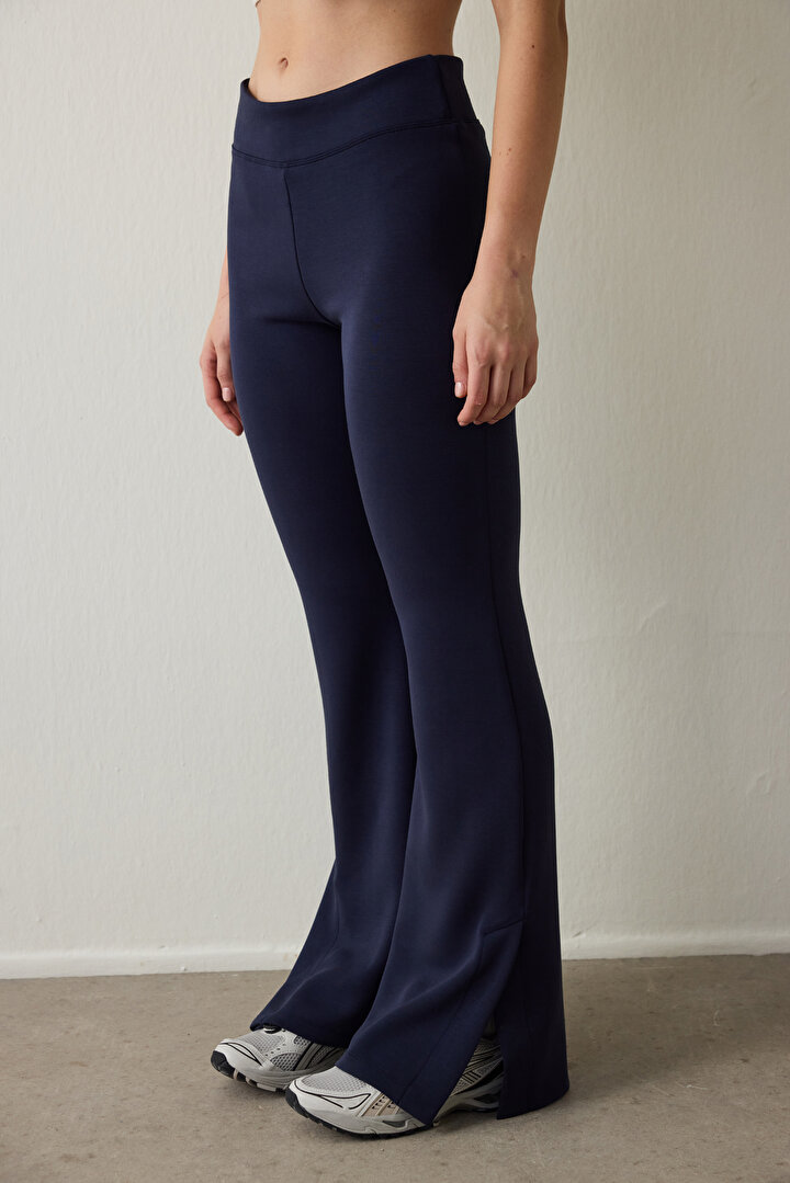 Lacivert Yüksek Bel Paçası Yırtmaçlı İspanyol Paça Tayt - 1