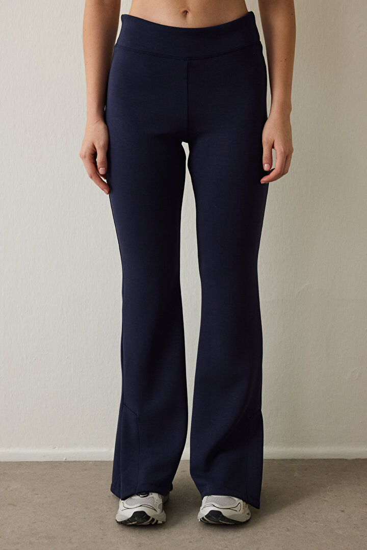 Lacivert Yüksek Bel Paçası Yırtmaçlı İspanyol Paça Tayt - 2