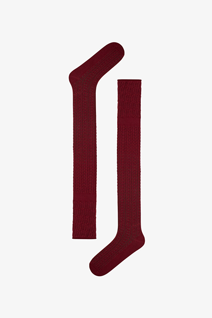 Bordo Örgü Colosio Dizüstü Ajur Desenli Pamuklu Çorap - 1