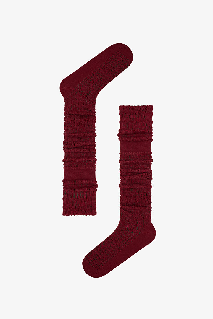 Bordo Örgü Colosio Dizüstü Ajur Desenli Pamuklu Çorap - 2