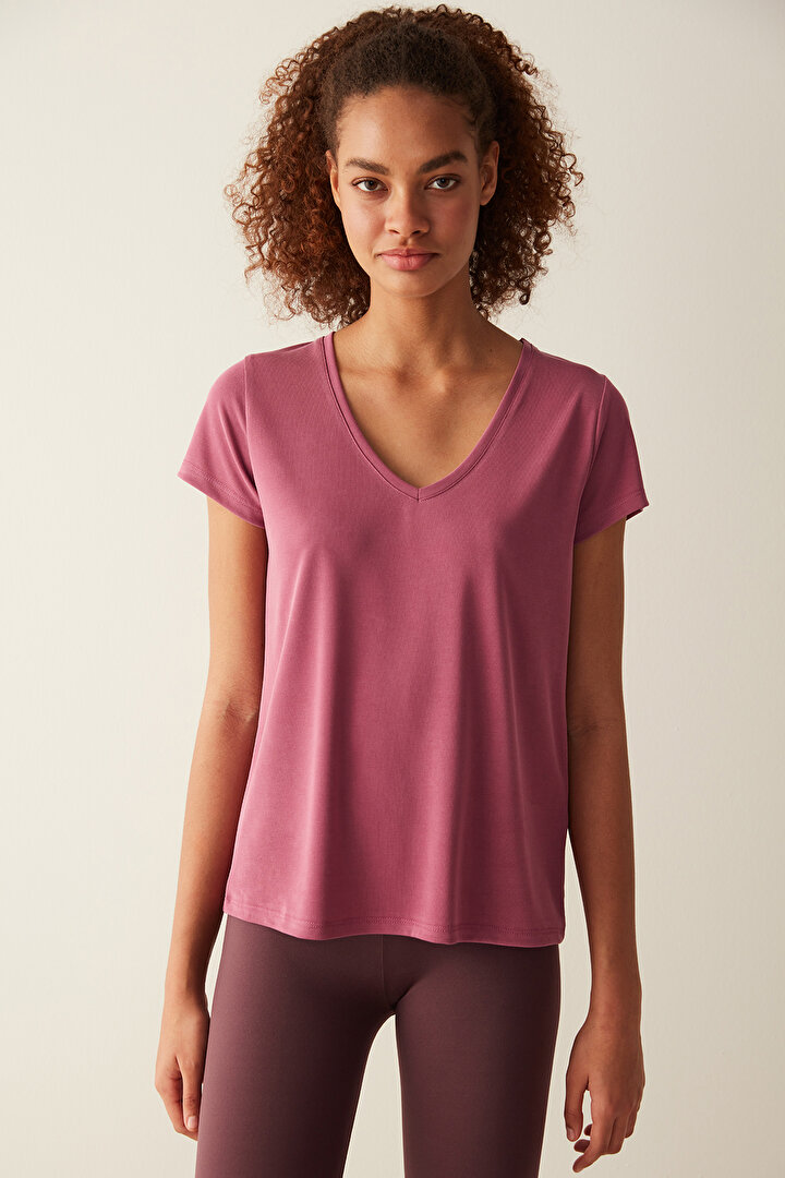 Modal V Neck Violet T-Shirt - 1