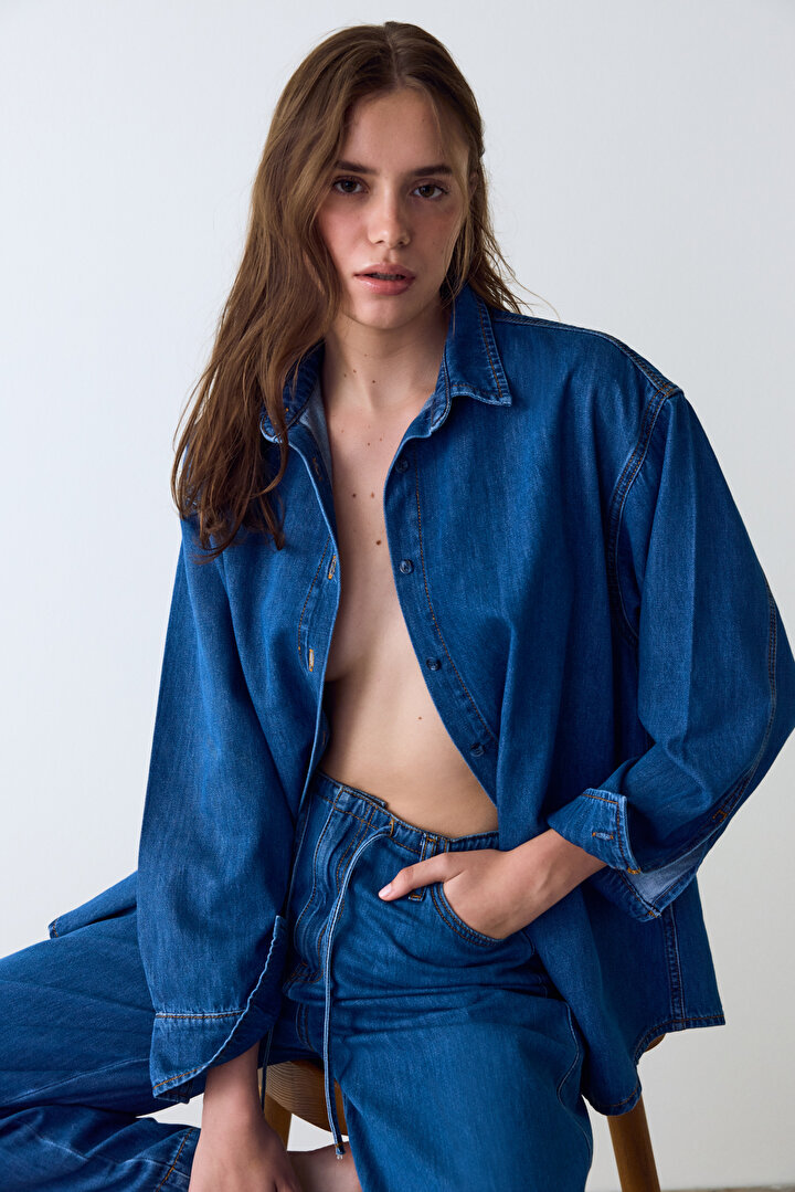 Koyu Denim Relax Oversize Uzun Kollu Gömlek - 2