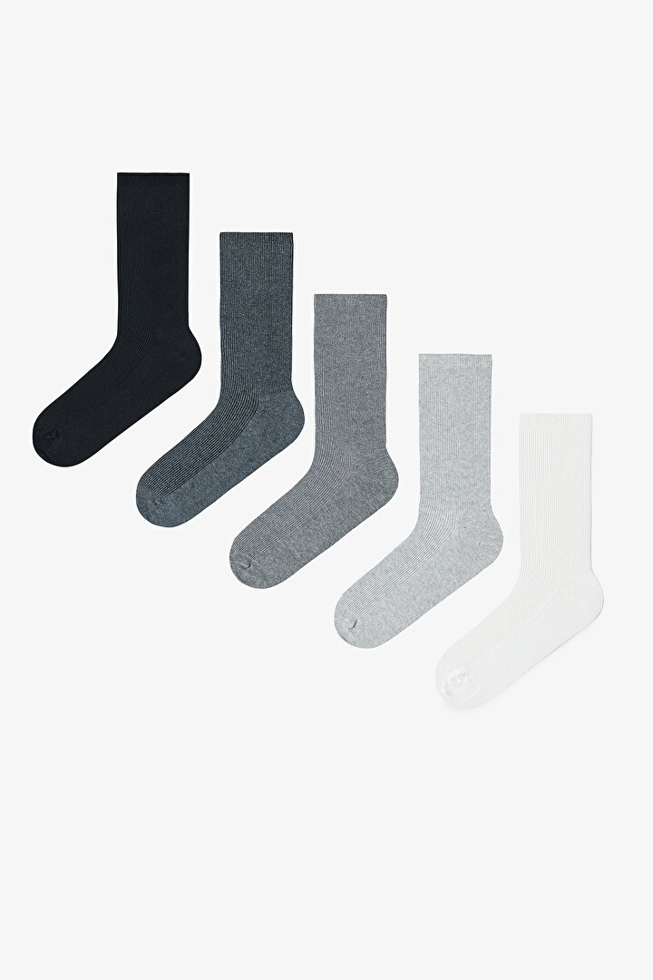 5 Çift Pamuklu Ribli Renkli Soket Çorap - 1