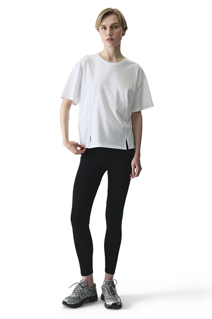 White Stitch Detail Crew Neck Cotton T-Shirt - 1