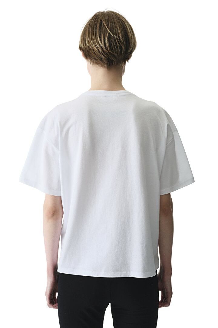 White Stitch Detail Crew Neck Cotton T-Shirt - 2