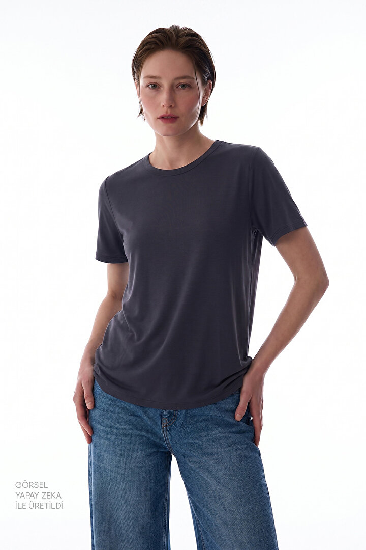 Black Anthracite Modal Short Sleeve T-Shirt - 2