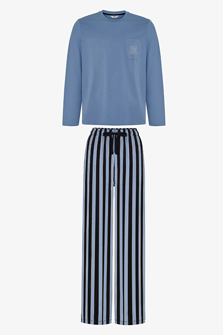 Erkek Steel Blue Çizgili Pantolon Uzun Kollu Pijama Takımı - 1