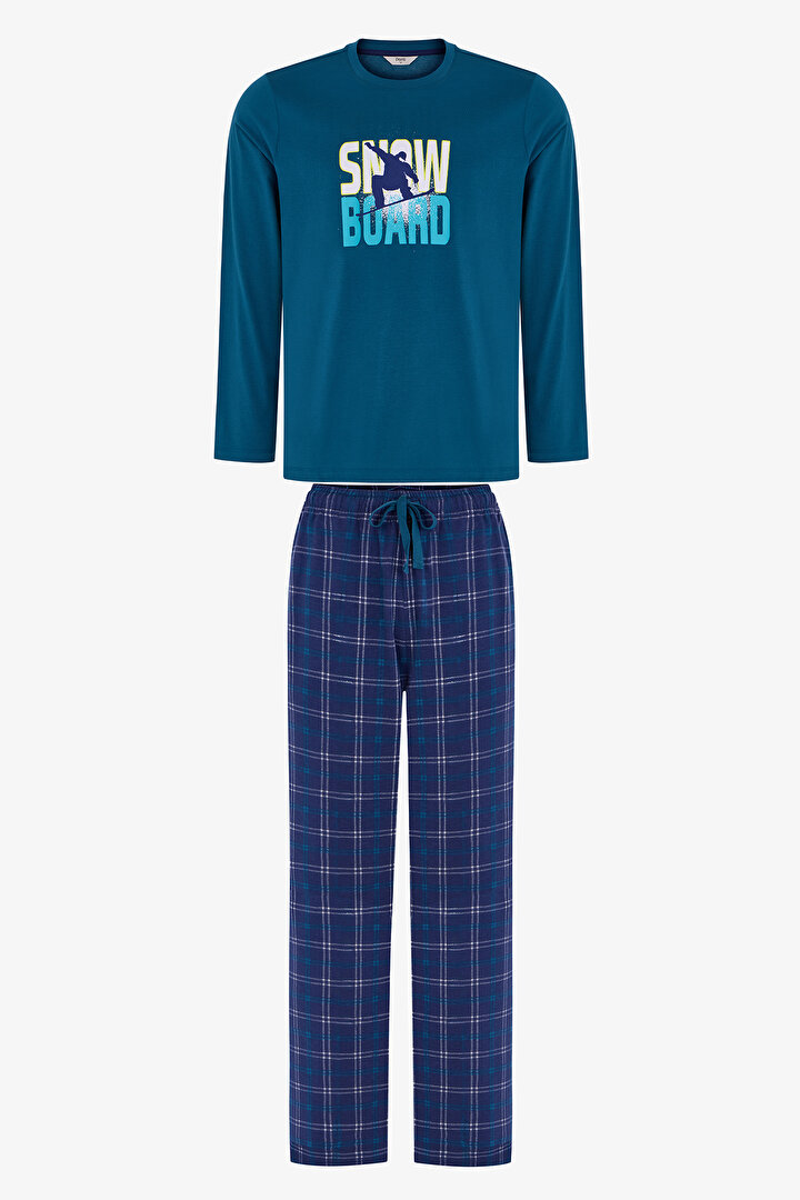 Erkek Winter Board Geometrik Desenli Pantolon Uzun Kollu Pijama Takımı - 1