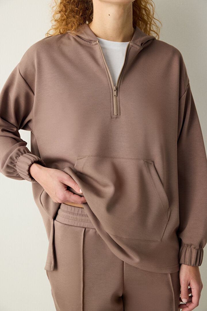 Vizon Yarım Fermuarlı Kapüşonlu Silky Touch Sweatshirt - 2