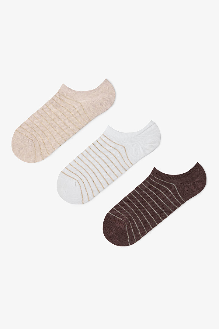 3 Çift Pamuklu Parlak Çizgi Desenli Sneaker Çorap - 1