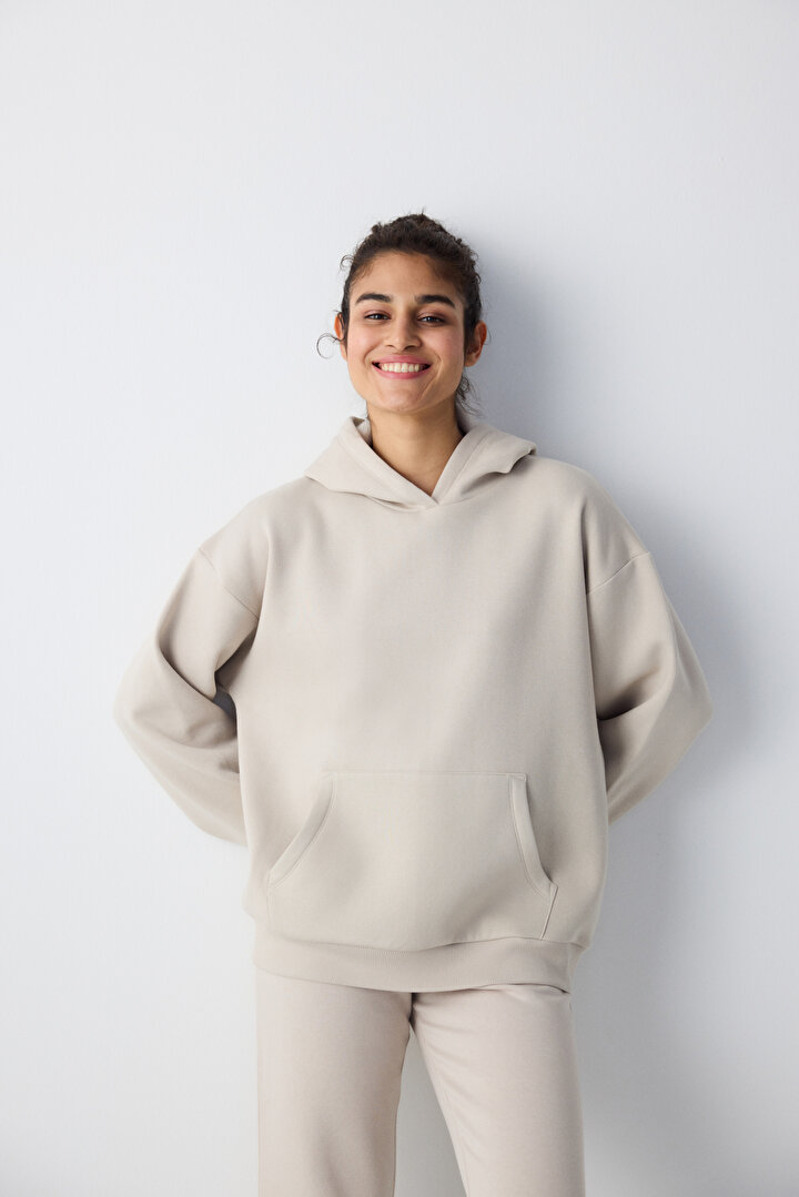 Taş Kapüşonlu Oversize Şardonlu Sweatshirt - 1