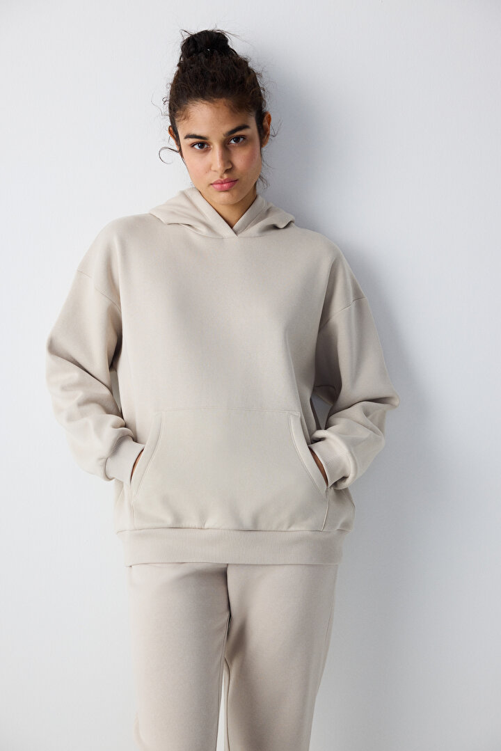 Taş Kapüşonlu Oversize Şardonlu Sweatshirt - 2