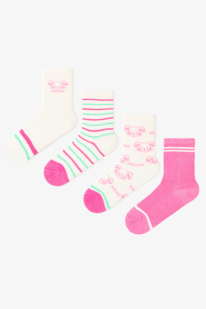 Çok Renkli Kız Çocuk Pinky Woof 4lü Soket Çorap - 1