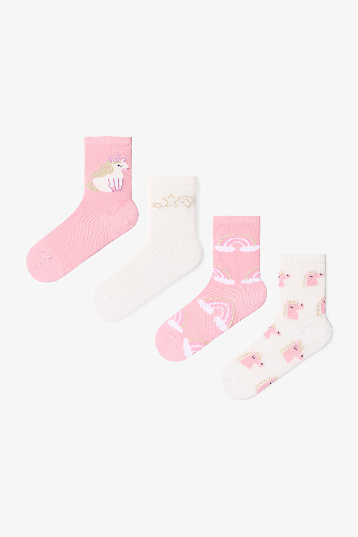 Çok Renkli Kız Çocuk Pink Rainbow Unicorn 4lü Soket Çorap - 1