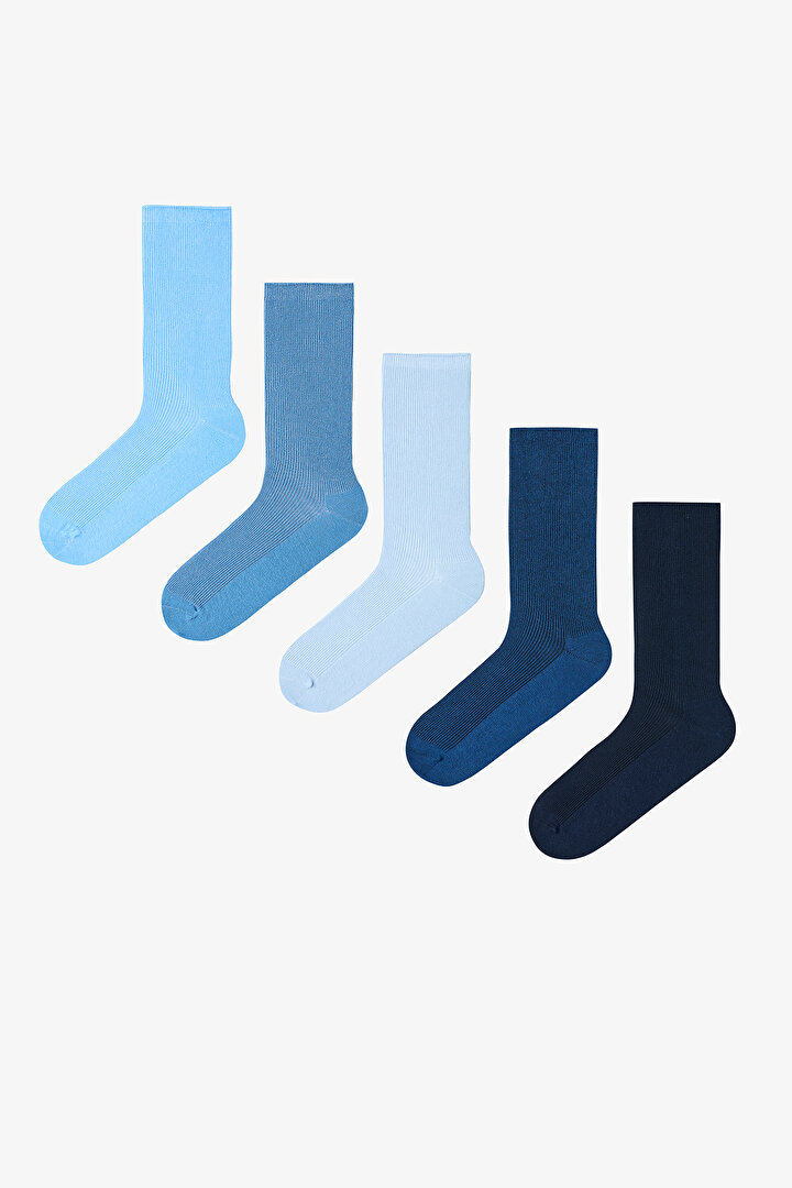 5 Çift Pamuklu Ribli Renkli Soket Çorap - 1