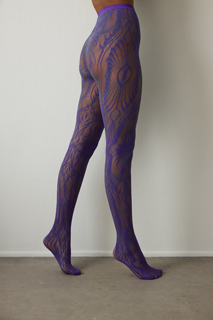 Purple Pink Duo Fishnet Ethnic Patterned 15 Denier Thin Tights - 1