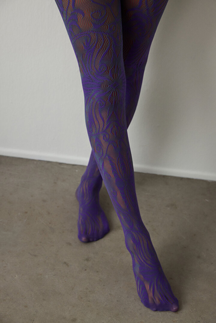 Purple Pink Duo Fishnet Ethnic Patterned 15 Denier Thin Tights - 2