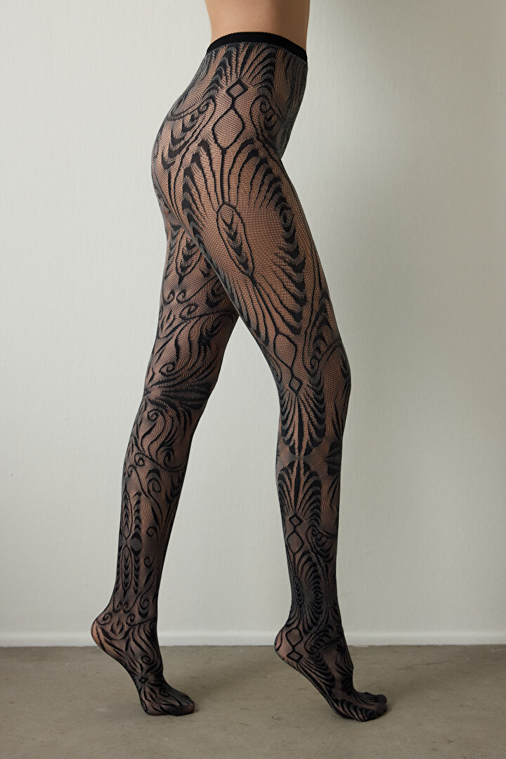 Siyah Duo File Etnik Desenli 15 Denye İnce Külotlu Çorap - 2