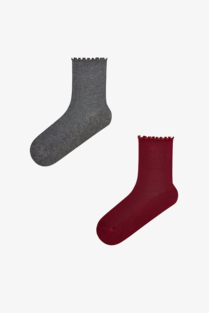 Burgundy Smoke Classy Frill 2 Pack Ankle Socks - 1