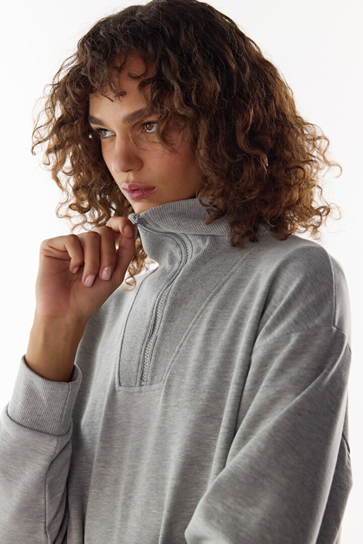 Gri Melanj Yarım Fermuarlı Şardonlu Fitilli Uzun Kollu Sweatshirt - 2
