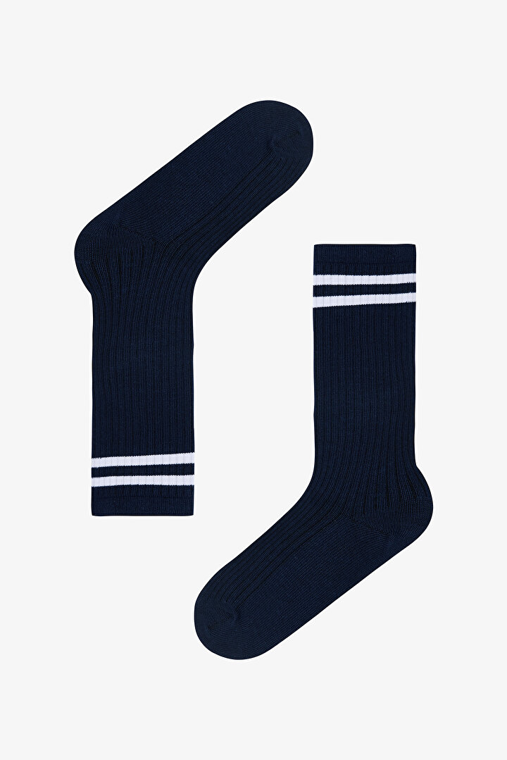 Navy Blue Girl's Sporty Striped Pant Socks - 1