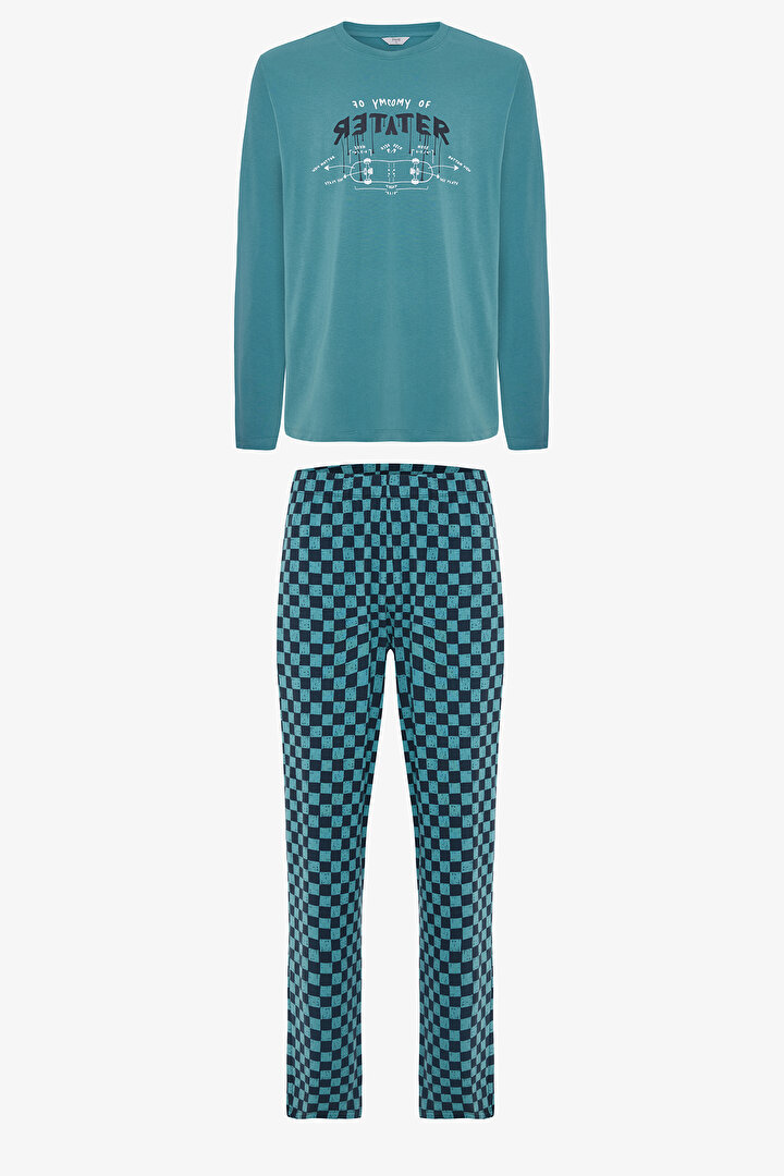 Erkek Skater Slogan Baskılı Bisiklet Yaka Pamuklu Pijama Takımı - 1