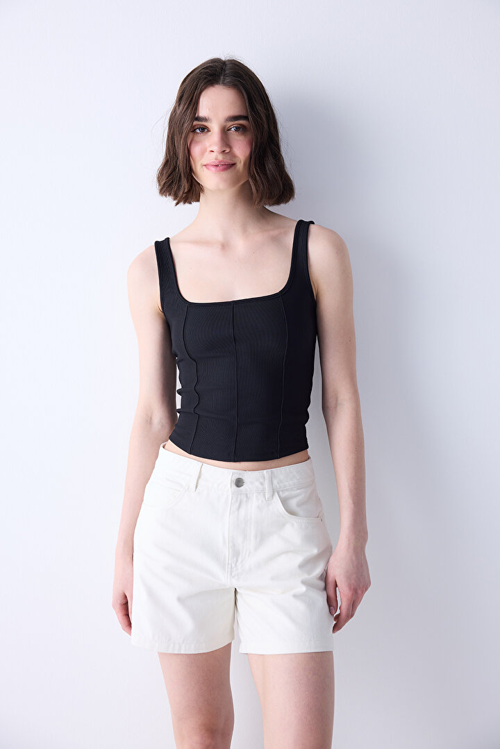 Corset Look Siyah Crop Top - 1