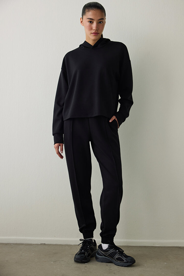 Black Silky Feel Hooded Slogan Printed Sweatshirt - 1