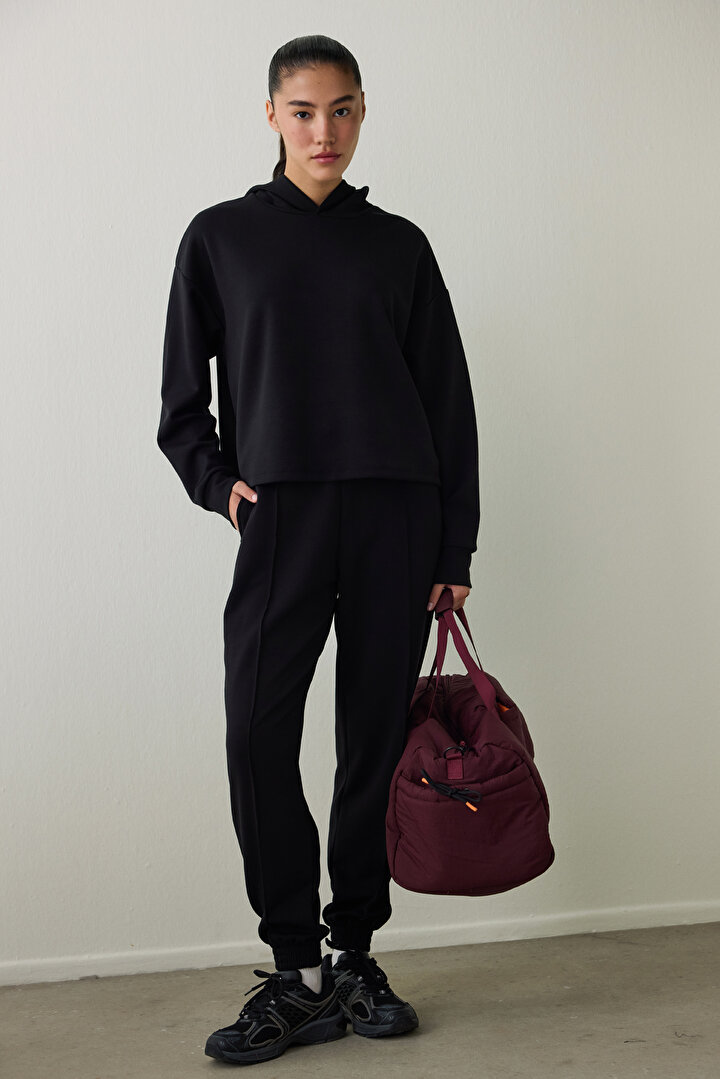 Black Silky Feel Hooded Slogan Printed Sweatshirt - 2