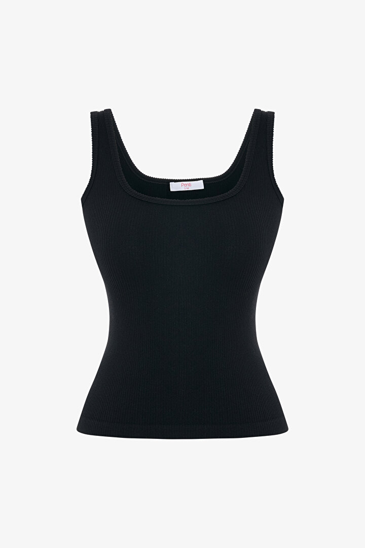 Siyah Dikişsiz Kare Yaka Slim Fit Atlet - 1