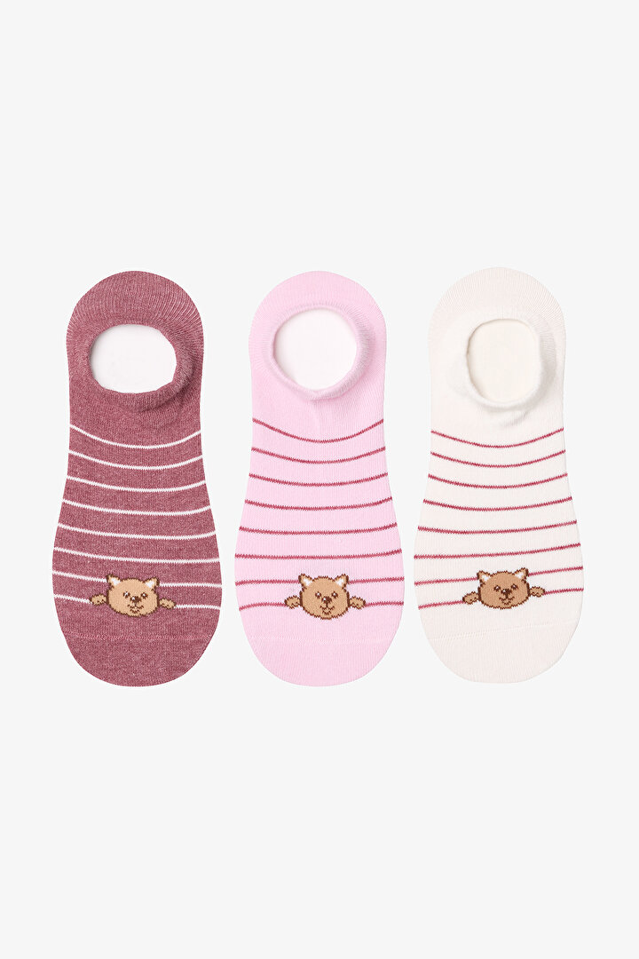 3 Çift Pamuklu Çizgili Kedicik Desenli Sneaker Çorap - 1