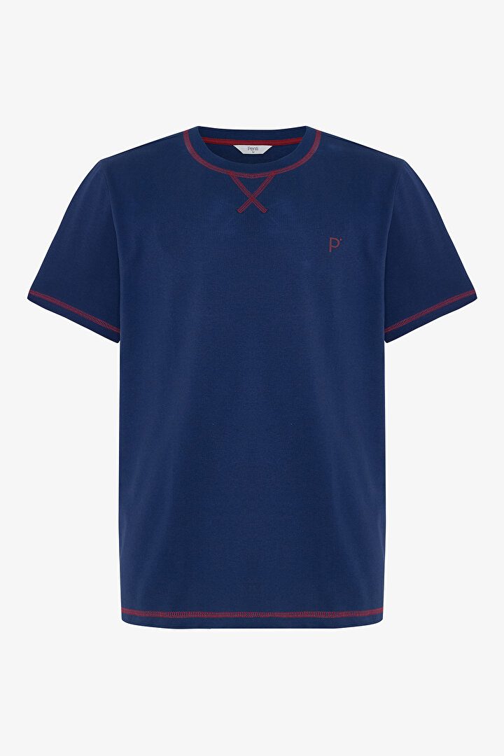 İndigo Erkek Navy Star Bisiklet Yaka Pamuklu Şortlu Pijama Takımı - 2