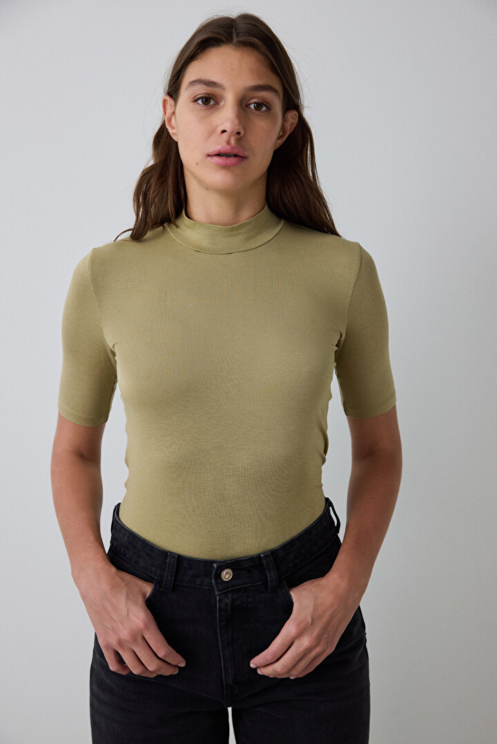 Haki Yarım Balıkçı Yaka 3/4 Kollu Slim Fit Üst - 1