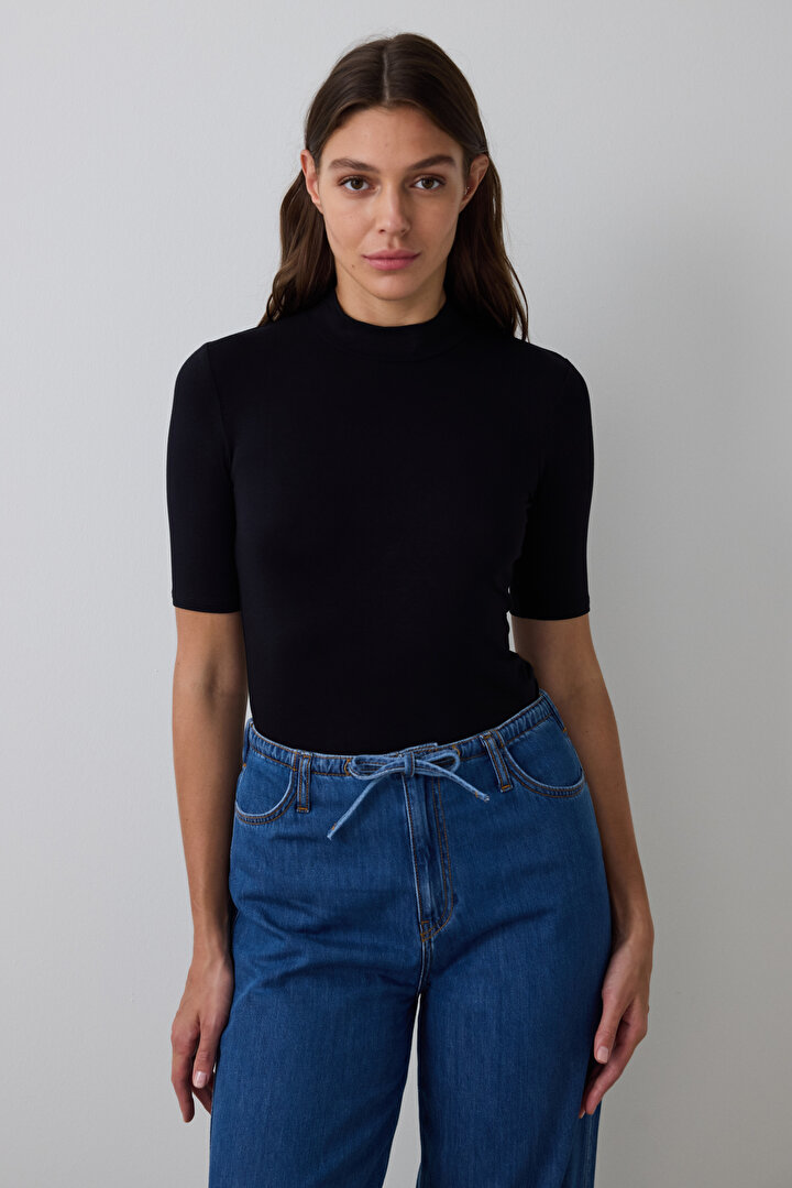 Siyah Yarım Balıkçı Yaka 3/4 Kollu Slim Fit Üst - 1