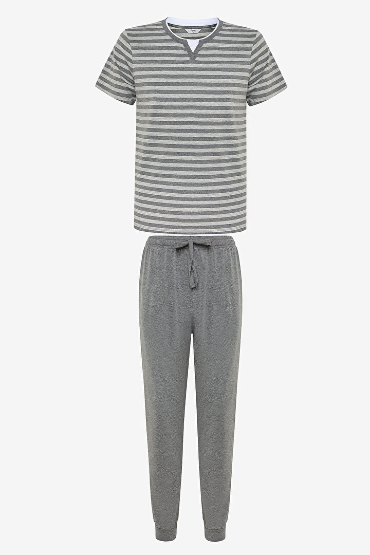 Grey Stripe Çok Renkli Pantolon Pijama Takımı - 1